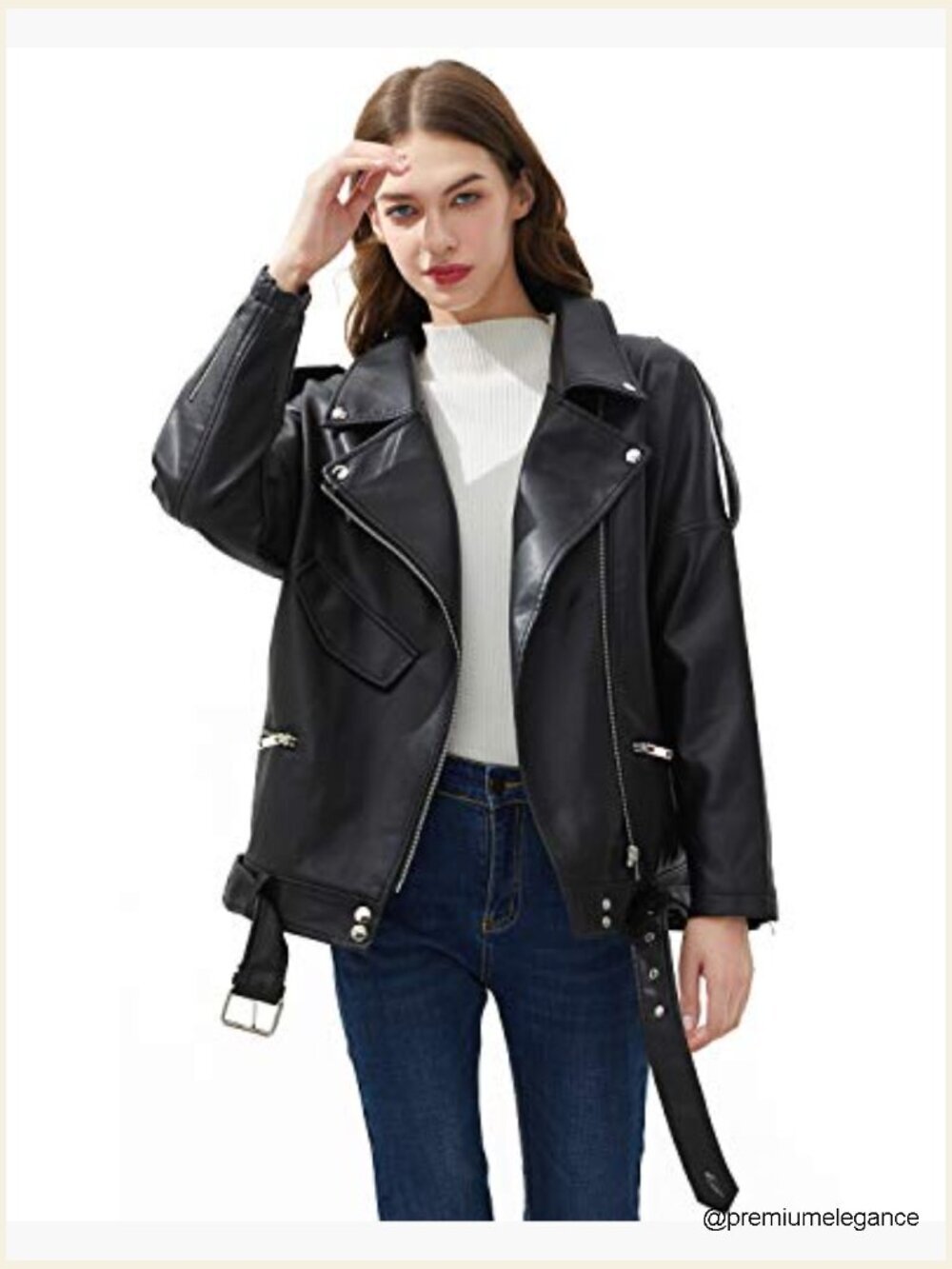 Faux Leather Motorcycle Jacket with Zipper and Belt - Picture 2 of 7